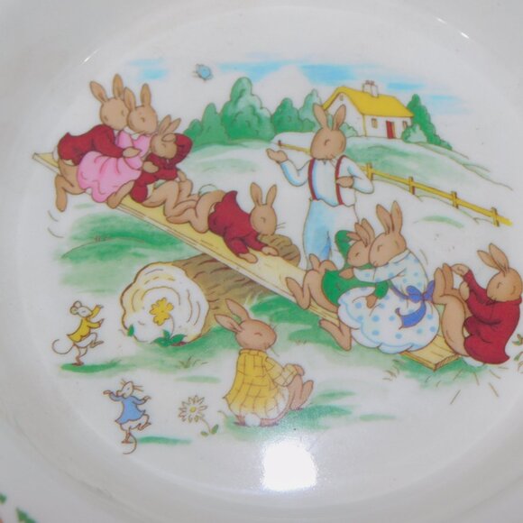 VTG 2002 Royal Doulton Bunnykins Melamine Child Plate and Bowl Set Bunnies Dance - Picture 2 of 7